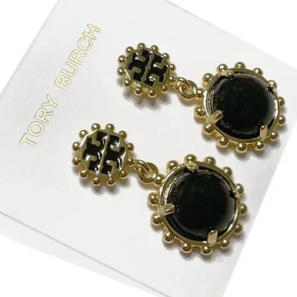 TORY BURCH WINSLOW BLACK + GOLD DROP EARRINGS - Picture 8 of 10